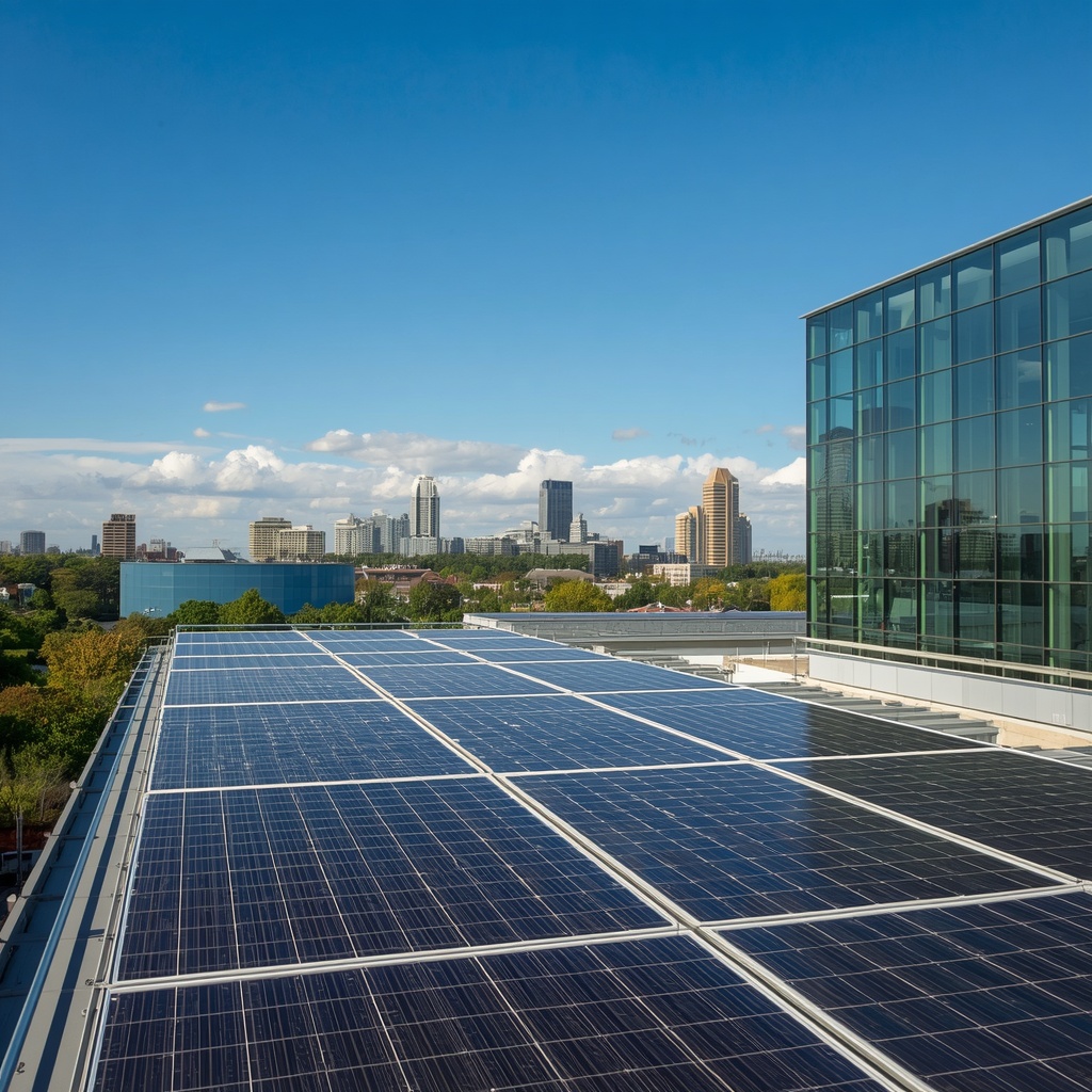 Modern commercial office building with solar installation — Amsena and Vyapar Vihar